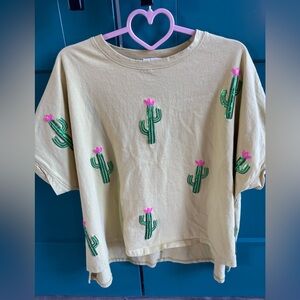Woman’s Fantastic Fawn Cactus Embroidered Shirt - Green with  Pink Accents